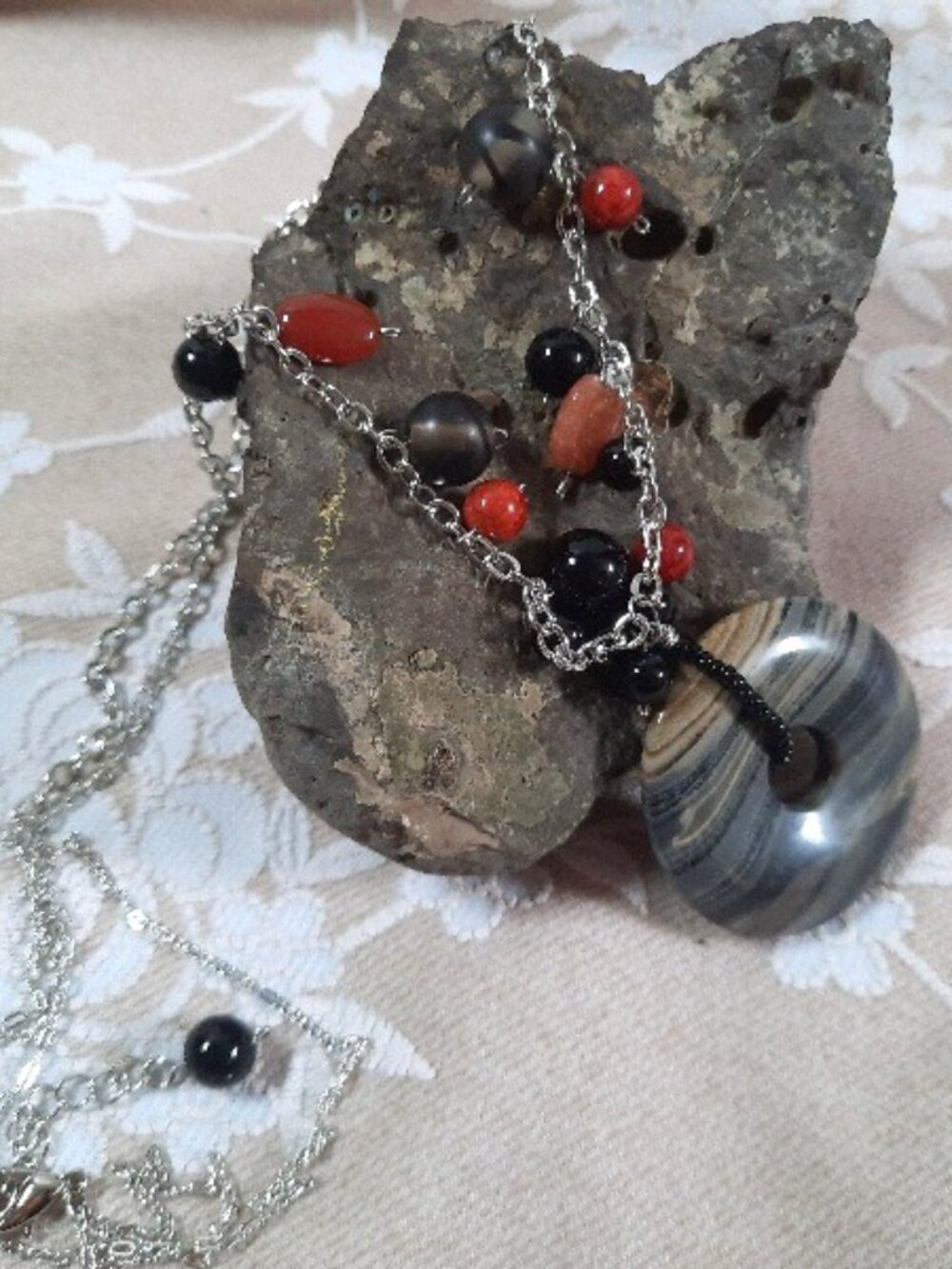 Handcrafted, One-of-a-kind, Banded Agate Pendant Necklace with assorted beads